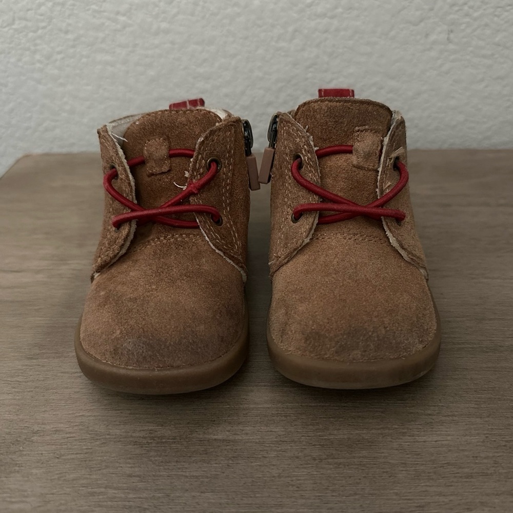 Brown Suede Kids Shoes with Red Laces